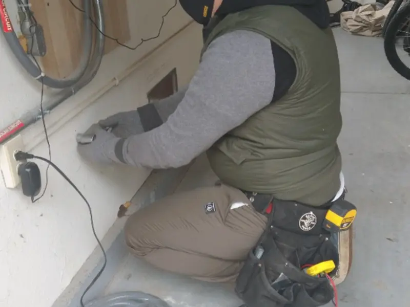 Electrician performing outlet wiring in a Canisteo garage